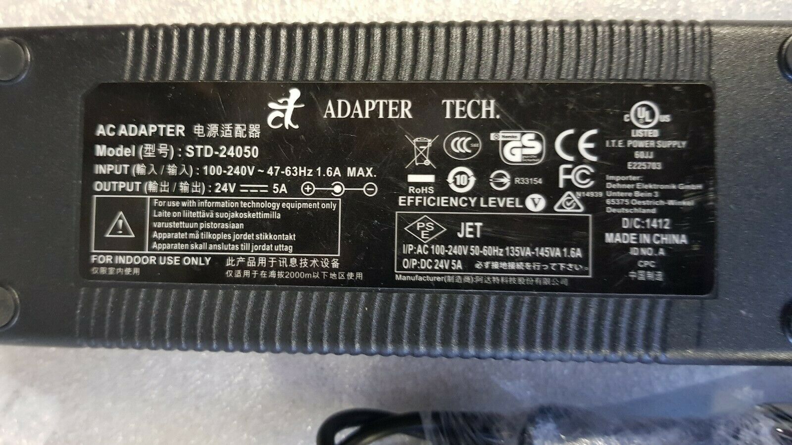 New AC Adapter Tech STD-24050 Power Supply 24V 5A Max barrel plug